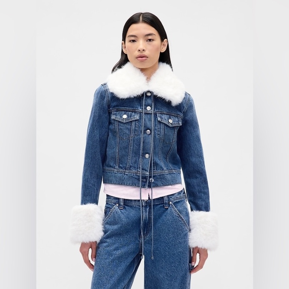 NWT Gap × Sandy Liang Vegan Fur Crop Denim Jacket | Size Small